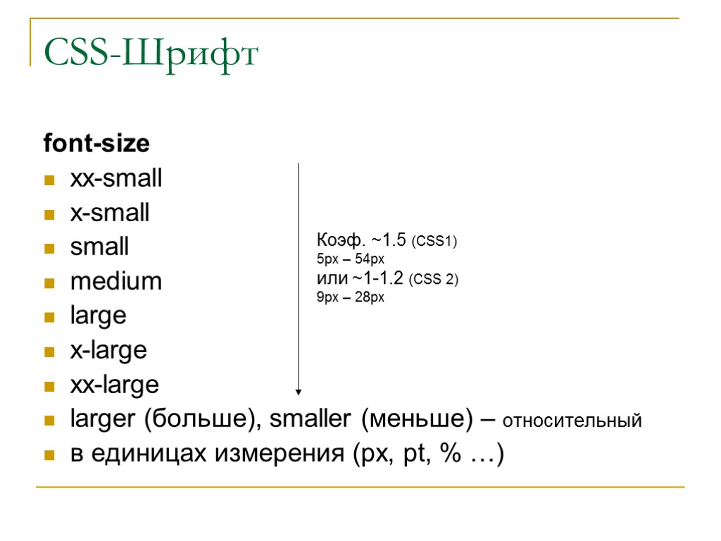 CSS-Шрифт font-size xx-small x-small small medium large x-large xx-large larger (больше), smaller (меньше) –